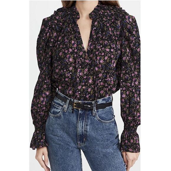 Free People Meant To Be Smocked Blouse Floral Black Combo Peasant Boho - Picture 8 of 9